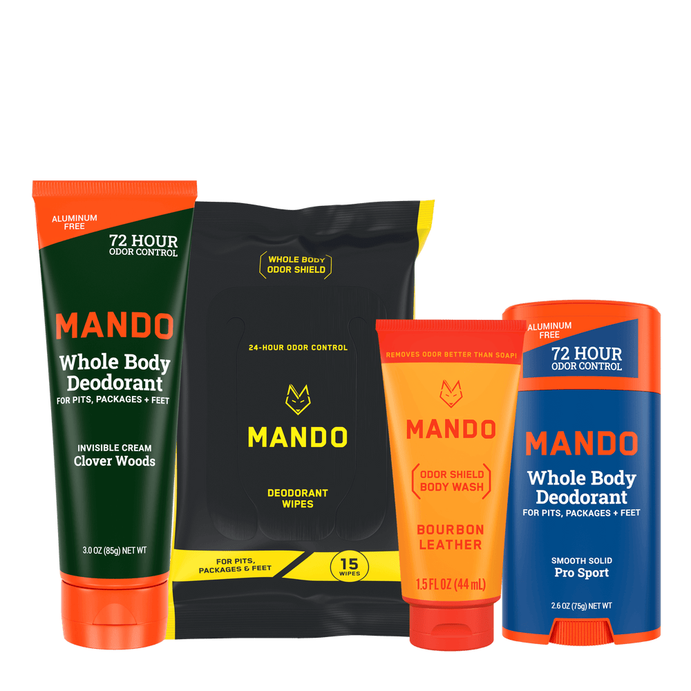 Starter pack of blue orange Mando smooth solid deodorant stick, yellow black wipes, orange body wash and yellow green invisible cream deodorant- Collection
