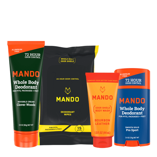 Starter pack of blue orange Mando smooth solid deodorant stick, yellow black wipes, orange body wash and yellow green invisible cream deodorant