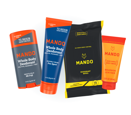 Mando Starter Pack bundle, including a Mt Fuji solid deodorant stick, Pro Sport cream deodorant tube, 15 Count Wipes pack, and Bourbon Leather mini body wash.