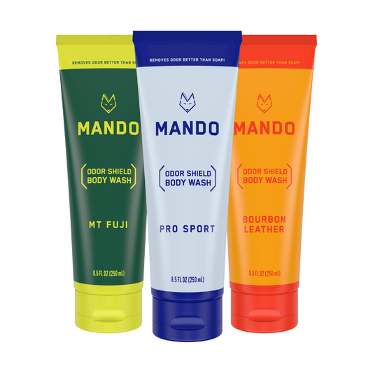 3 pack of Mando body wash in Mt fuji, Pro sport and Bourbon Leather scent on white background