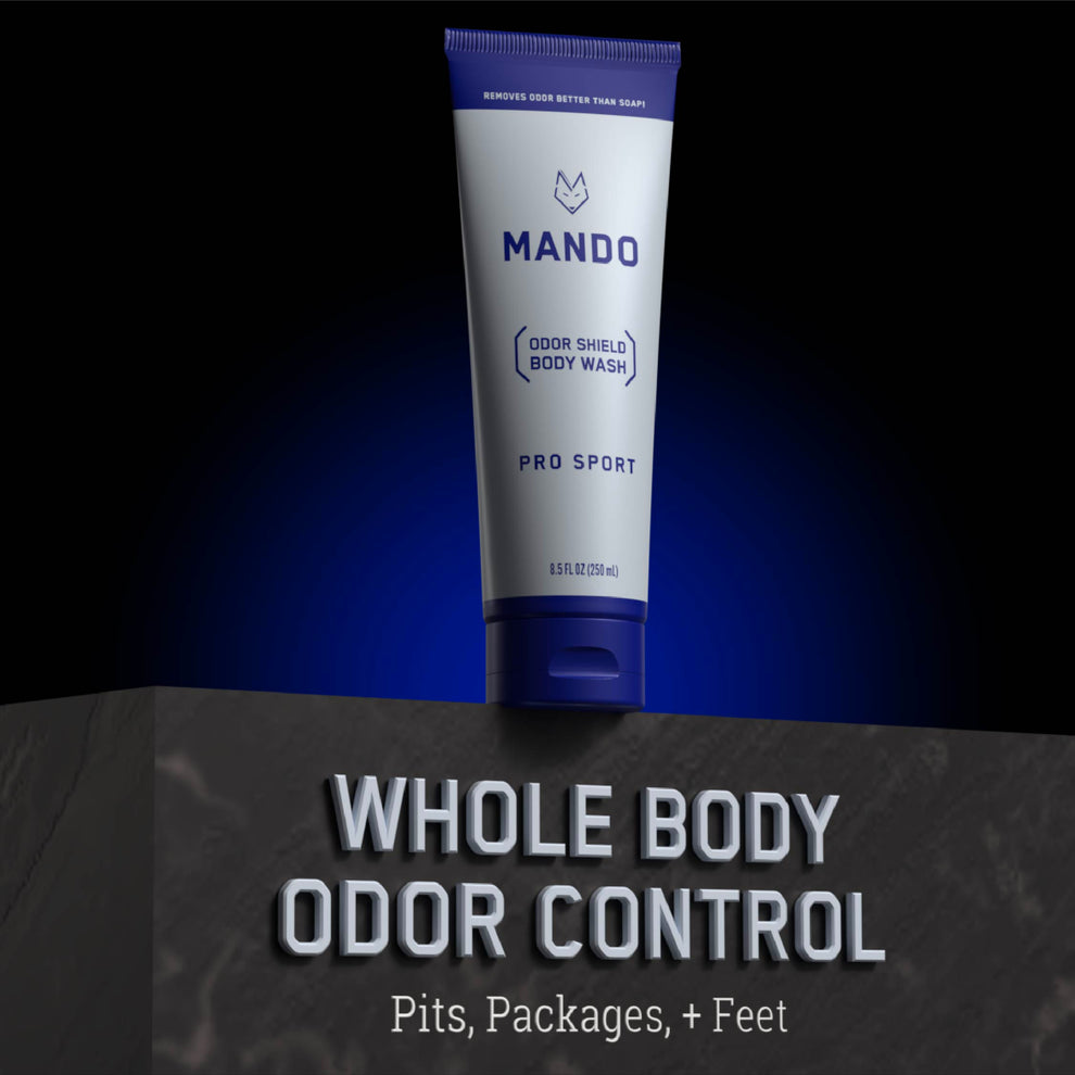 tube of Mando body wash in Pro Sport scent with text: whole body odor control, pits, packages + feet
