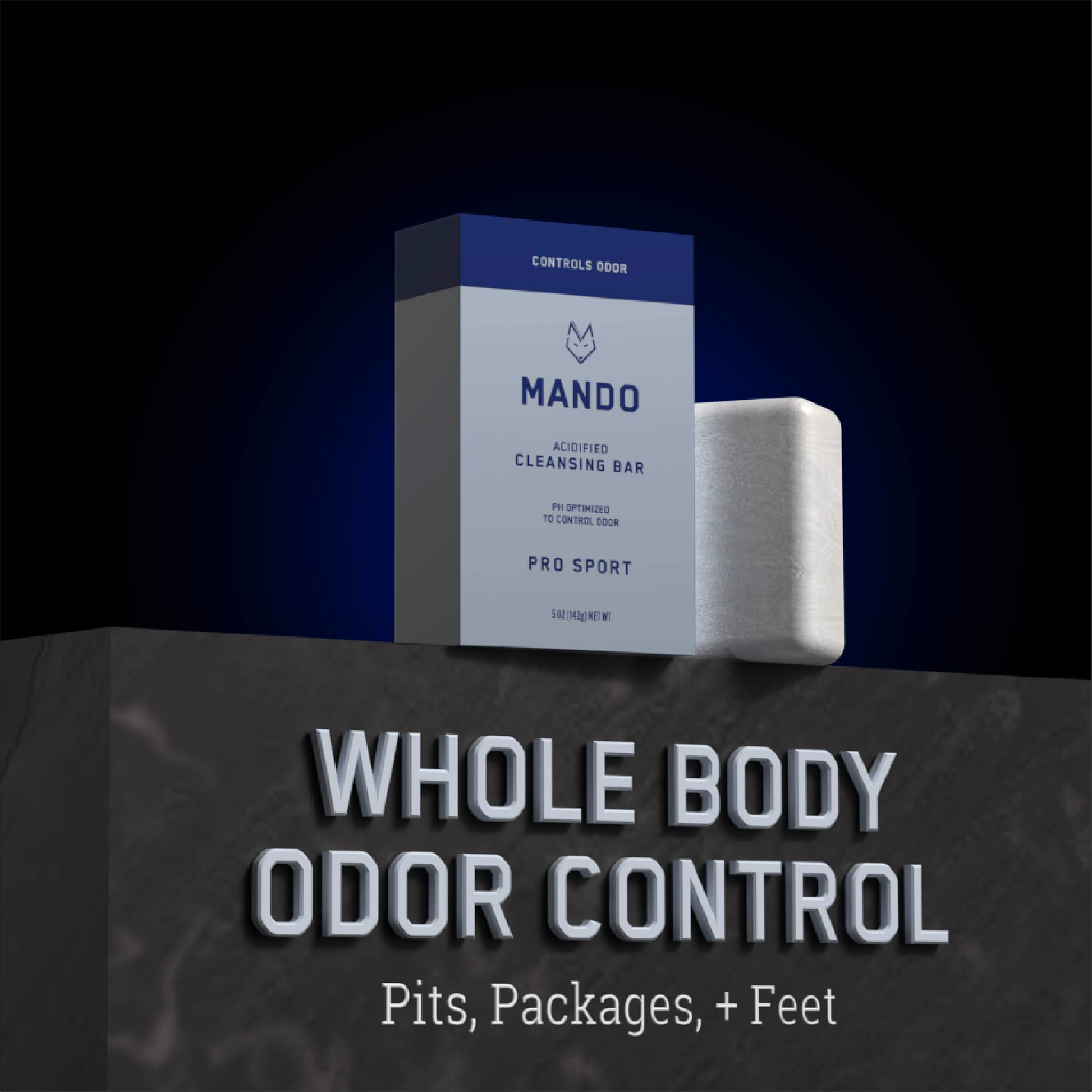 Bar of Mando 4-in-1 acidified cleansing bar in Pro Sport scent with text: whole body odor control, pits, packages + feet