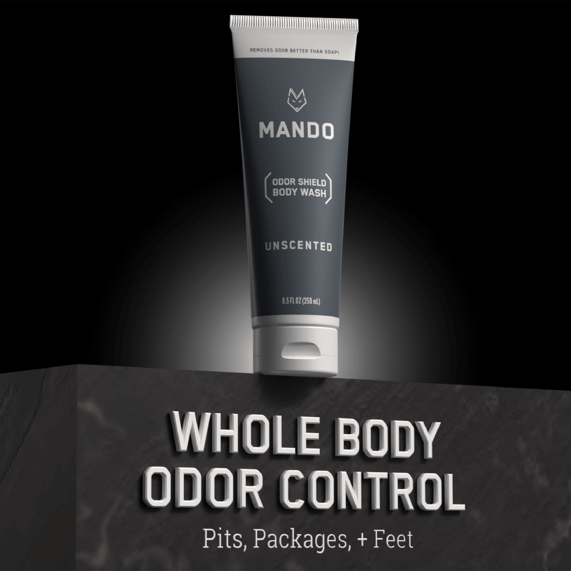 grey tube of Mando body wash in unscented scent with text: whole body odor control, pits, package + feet 