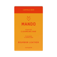 Bar of Mando 4-in-1 acidified cleansing bar in Bourbon leather scent with white background