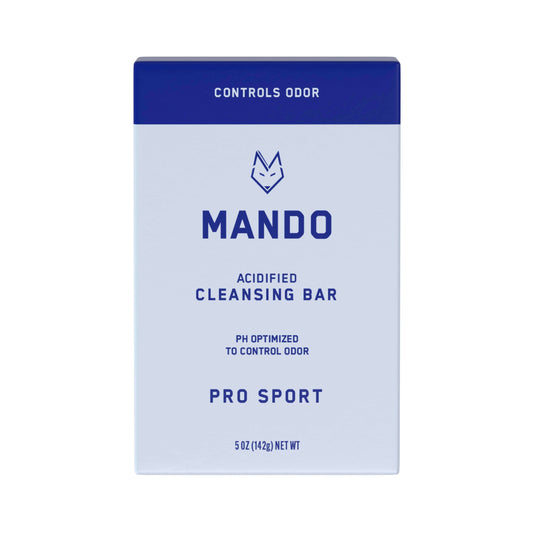 blue bar of Mando 4-in-1 acidified cleansing bar in Pro Sport scent with white background 