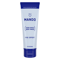 blue tube of Mando body wash in pro sport scent on white background 