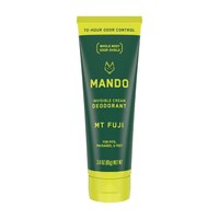 yellow green tube of Mando Invisible cream deodorant in mt fuji scent against white background