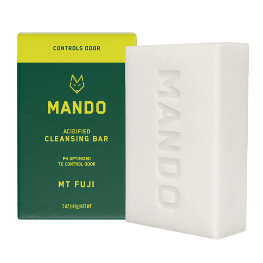 yellow green Bar of Mando 4-in-1 acidified cleansing bar outside the box in Mt Fuji scent with white background 
