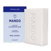 blue bar of Mando 4-in-1 acidified cleansing bar outside the box in Pro Sport scent with white background