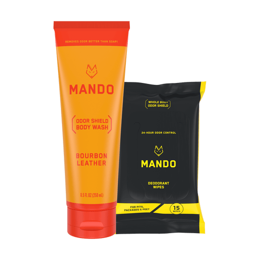 yellow orange Mando body wash in bourbon leather scent and yellow black Mando wipes placed side by side 