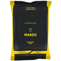 Yellow and black colored pack of Mando 15 count deodorant wipes against a white background