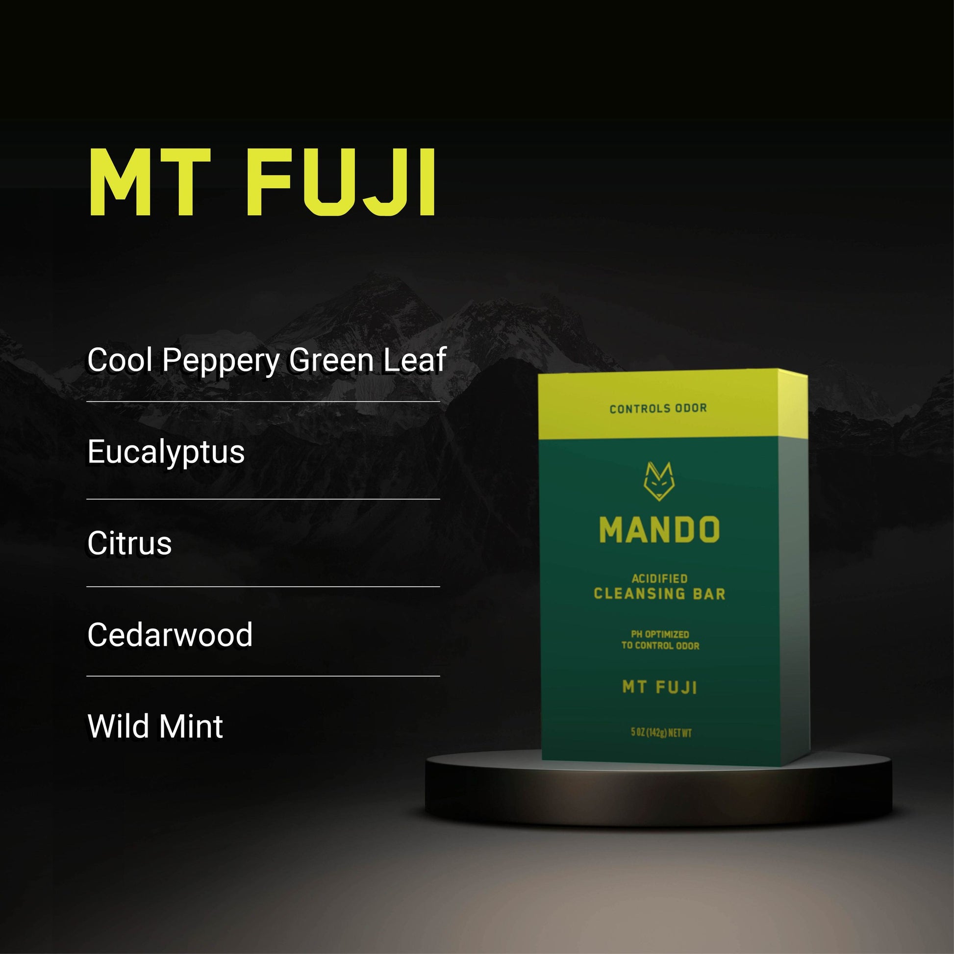 yellow green Bar of Mando 4-in-1 acidified cleansing bar in Mt Fuji scent with text: cool peppery green leaf, eucalyptus, citrus, cedarwood, wild mint