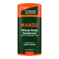 orange and green stick of Mando Clover Woods deodorant against white background