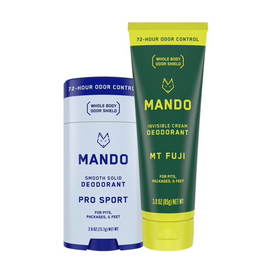 set of blue Mando smooth solid deodorant in pro sport and yellow green Mando cleansing bar in mt fuji