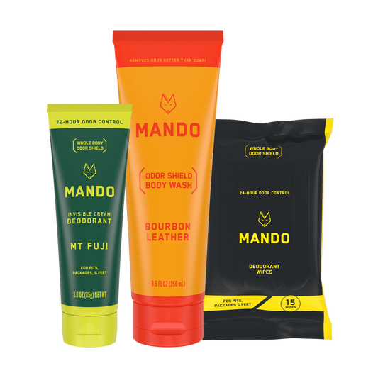 set of yellow green invisible cream deodorant in mt fuji, yellow orange body wash in bourbon leather and yellow black wipes 