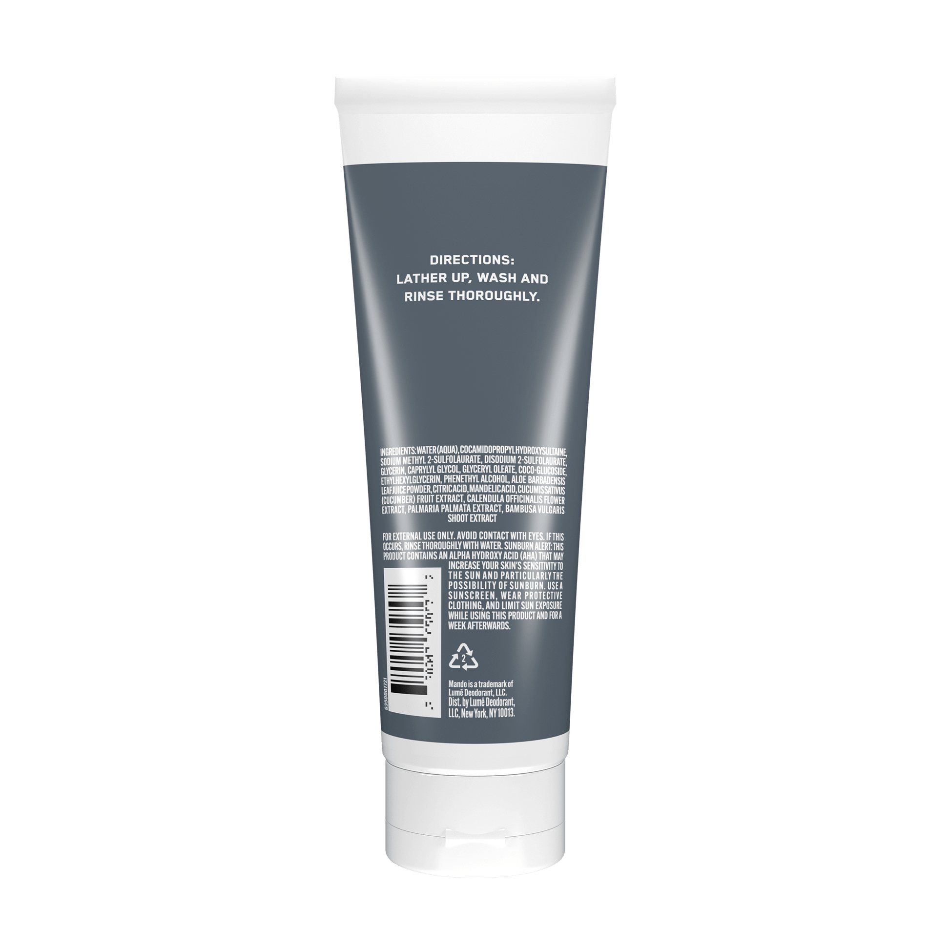 grey tube of Mando body wash in Unscented with description text 