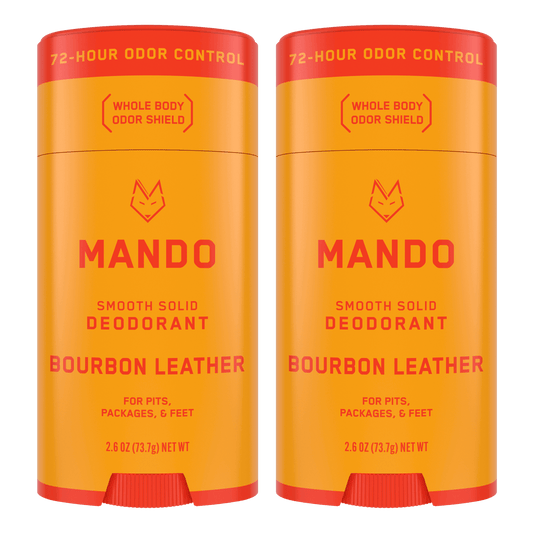 orange and maroon bourbon leather solid stick deodorant against a white background