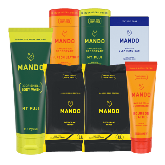bundle image of Mando's suites of products from body wash, solid deodorant, cream deodorant, cleansing bar and wipes in different scents