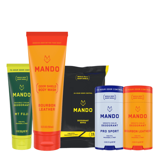 bundle image of Mando suite of products from solid stick deodorant to body wash, cream deodorant and wipes in several scents 