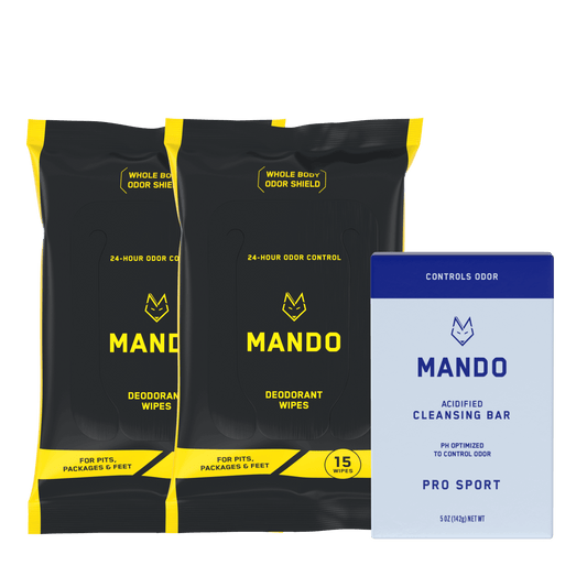 bundle image of 2 pack mando deodorant wipes, and mando cleansing bar in pro sport scent 