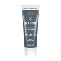 grey tube of Mando Invisible cream deodorant in unscented against white background