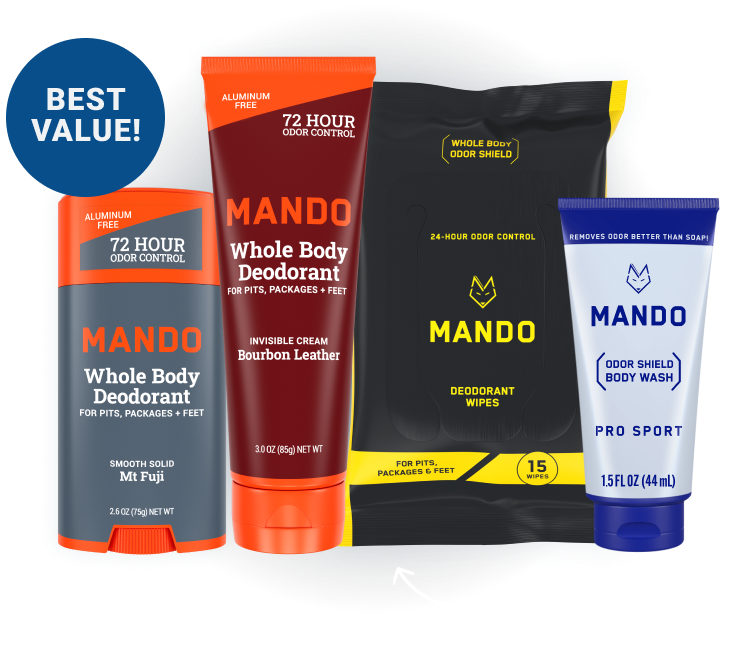 Mando Starter Pack bundle, including an Unscented deodorant stick, Bourbon Leather scented Cream deodorant, 15 count Wipes Pack, and a Pro Sport scented Mini Body Wash.