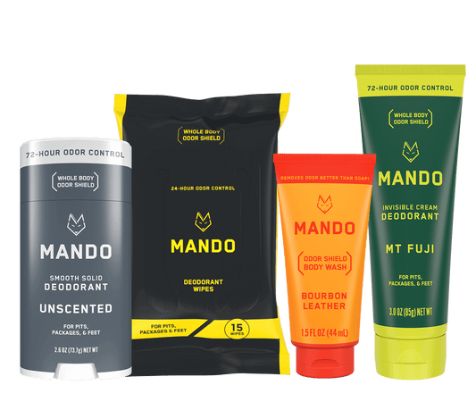 Starter pack of Mando smooth solid deodorant stick, yellow black wipes, yellow orange body wash and yellow green invisible cream deodorant 