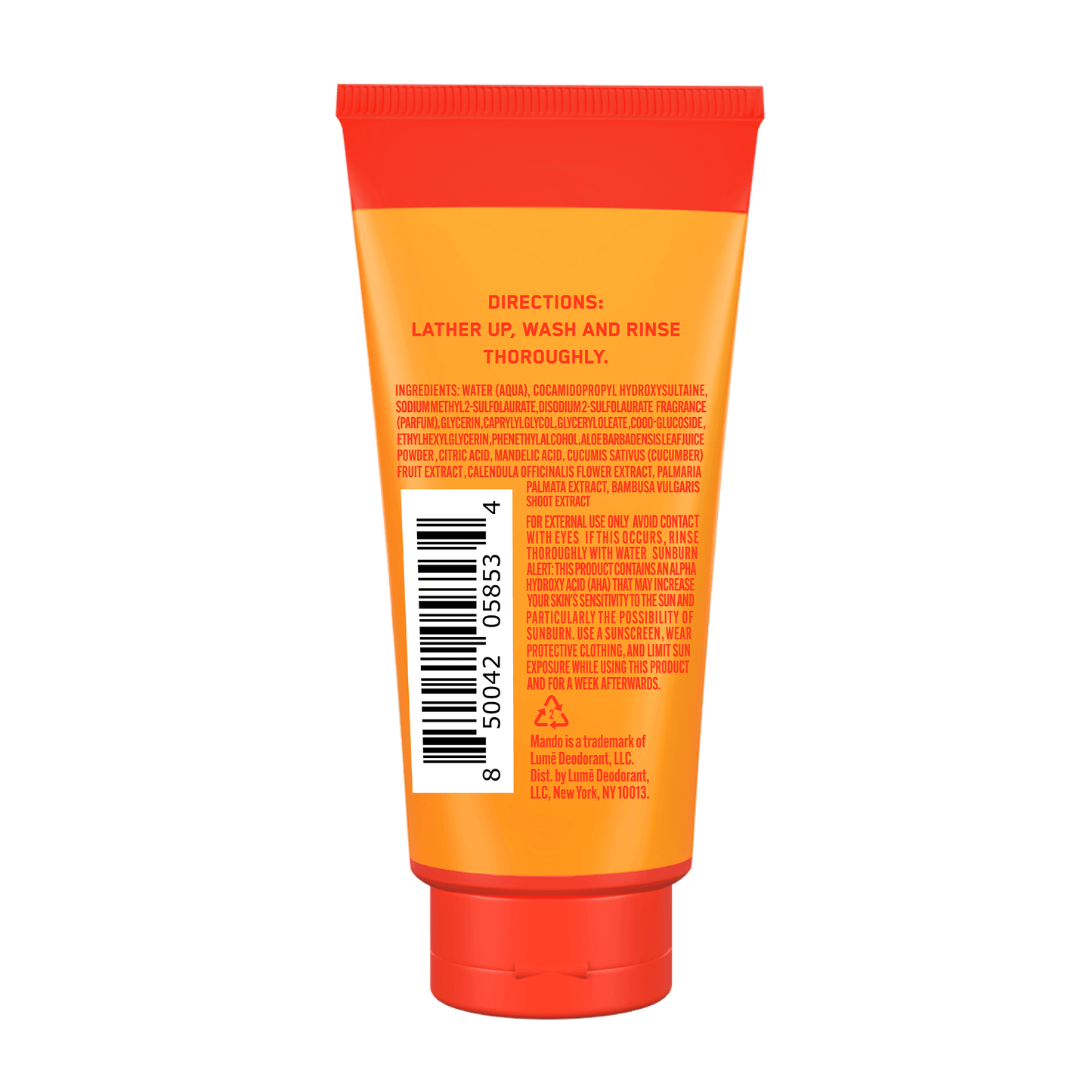 yellow orange tube of Mando mini body wash in bourbon leather scent with directions text