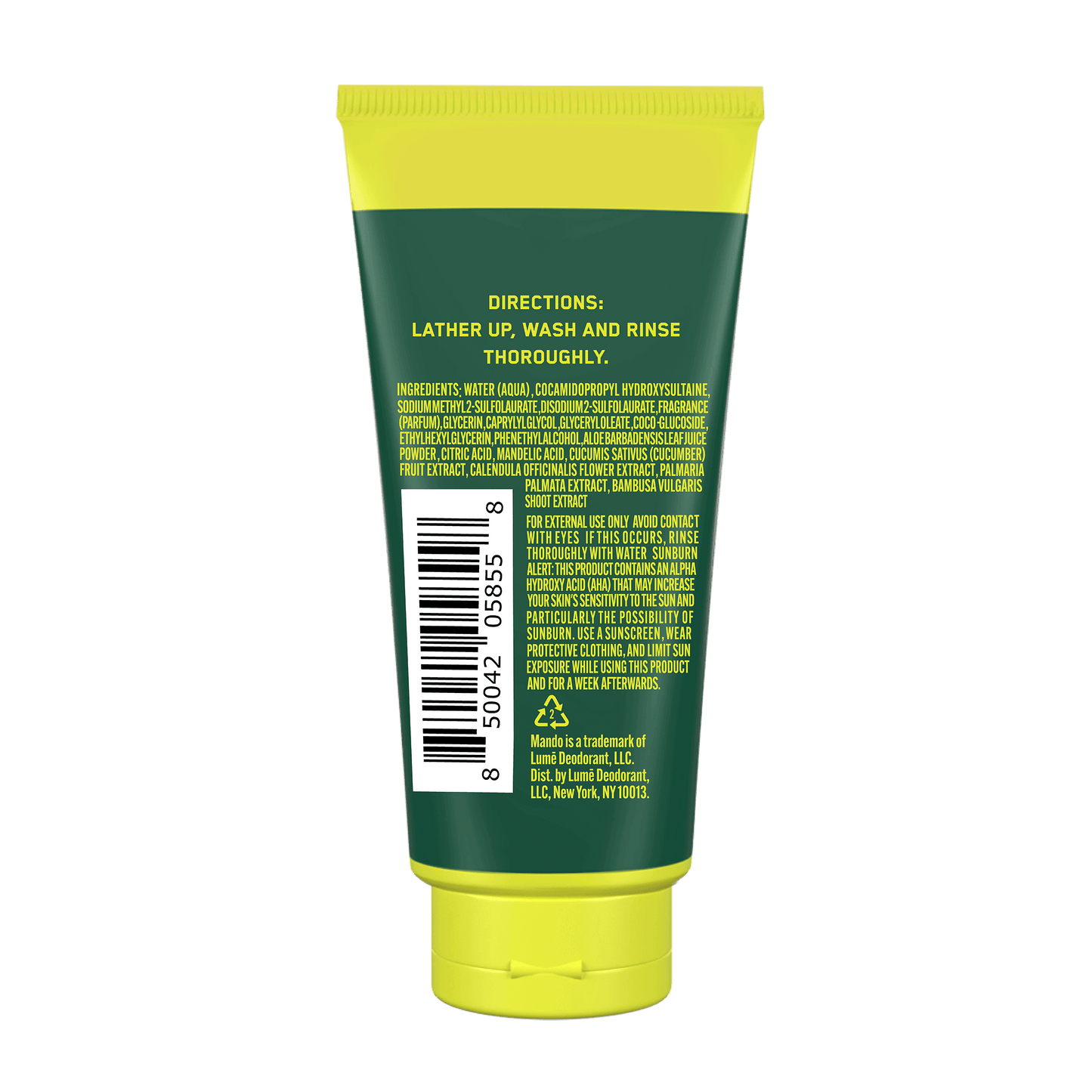 yellow green tube of Mando mini body wash in mt fuji scent with directions text 