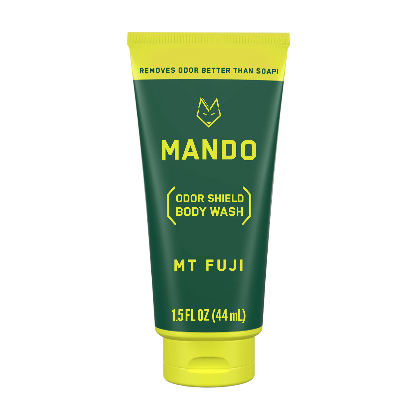 yellow green tube of Mando mini body wash in mt fuji scent against transparent background 