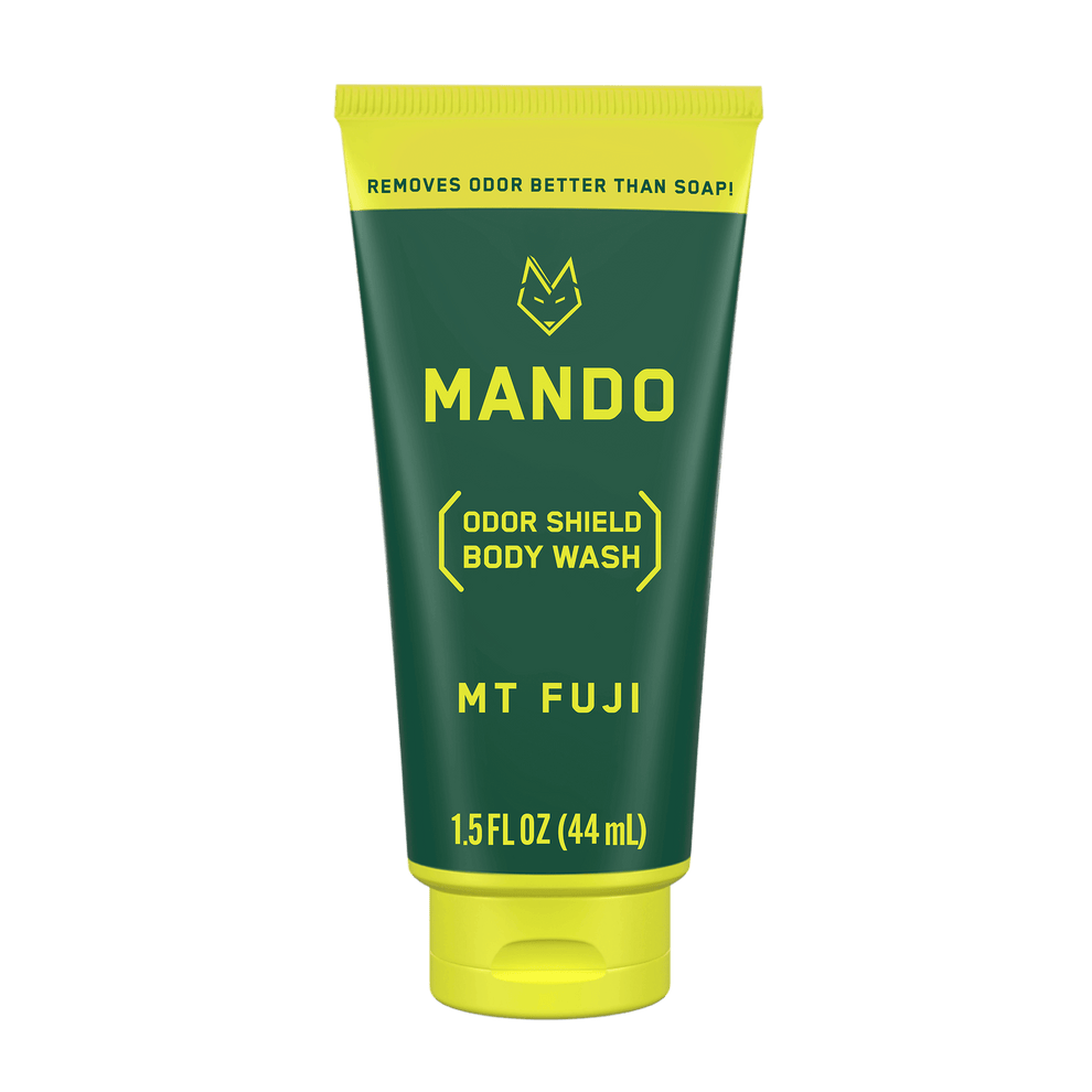 yellow green tube of Mando mini body wash in mt fuji scent against transparent background 