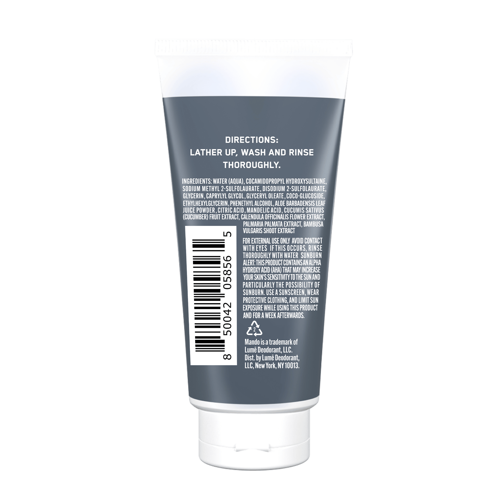 grey tube of Mando mini body wash in unscented with description text 