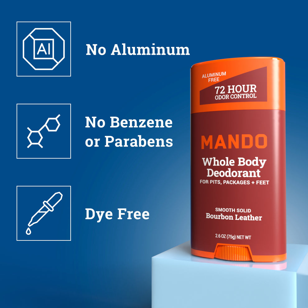 Mando solid stick deodorant in bourbon leather scent with text: No Aluminum, No Benzene or Parabens, Bye Free