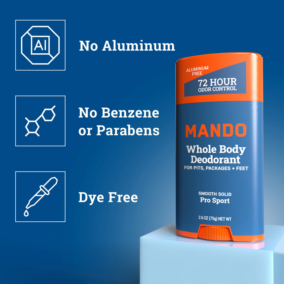 Mando solid stick deodorant in pro sport scent with text: No Aluminum, No Benzene or Parabens, Bye Free