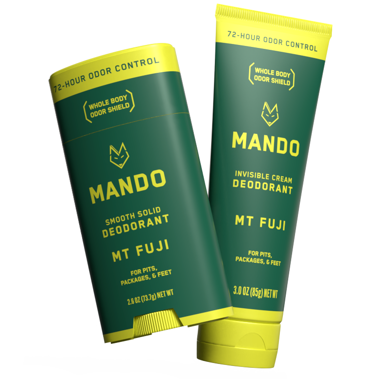 floating image of mando mt fuji solid deodorant and cream deodorant against white background