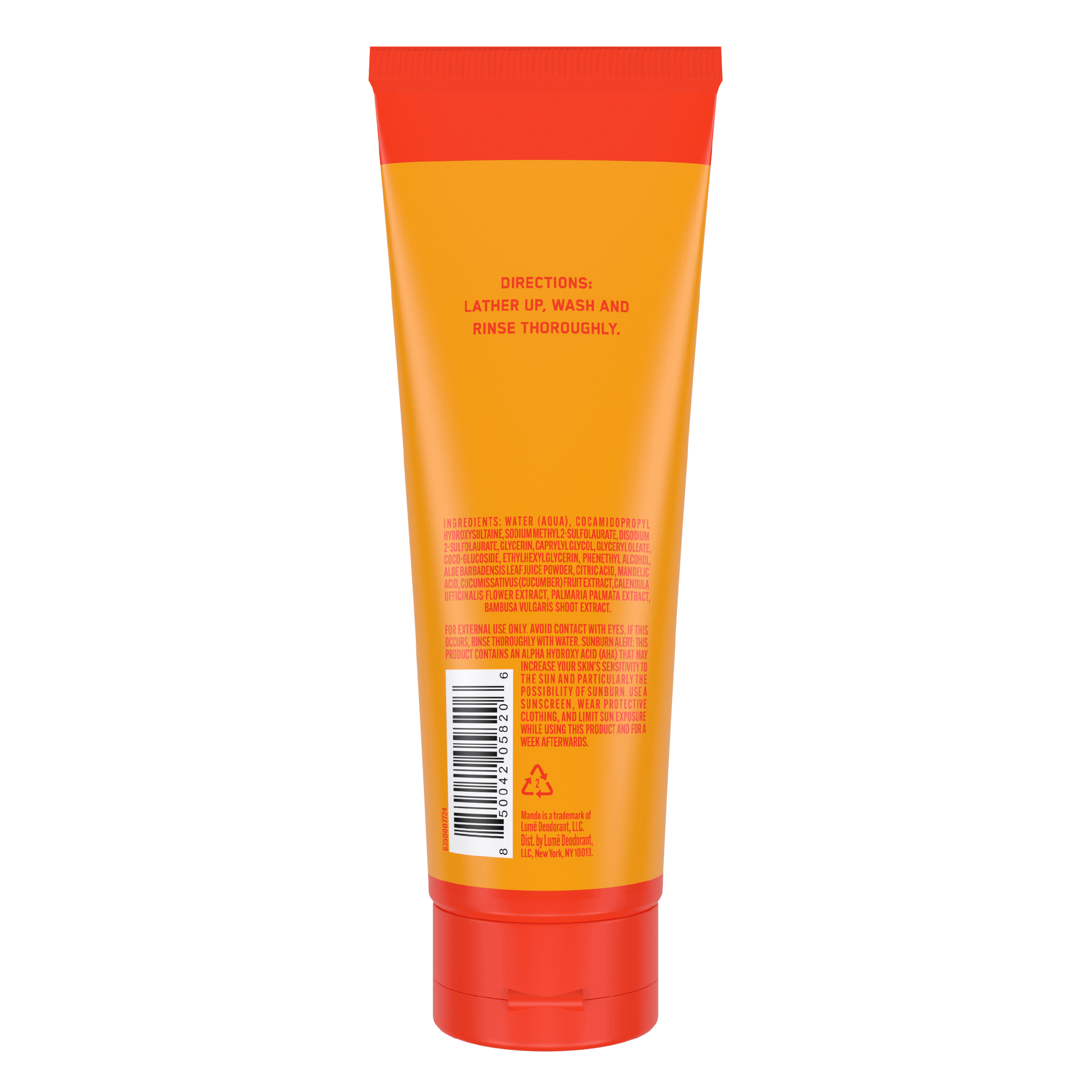 Yellow orange tube of Mando body wash in bourbon leather scent on white background with directions text