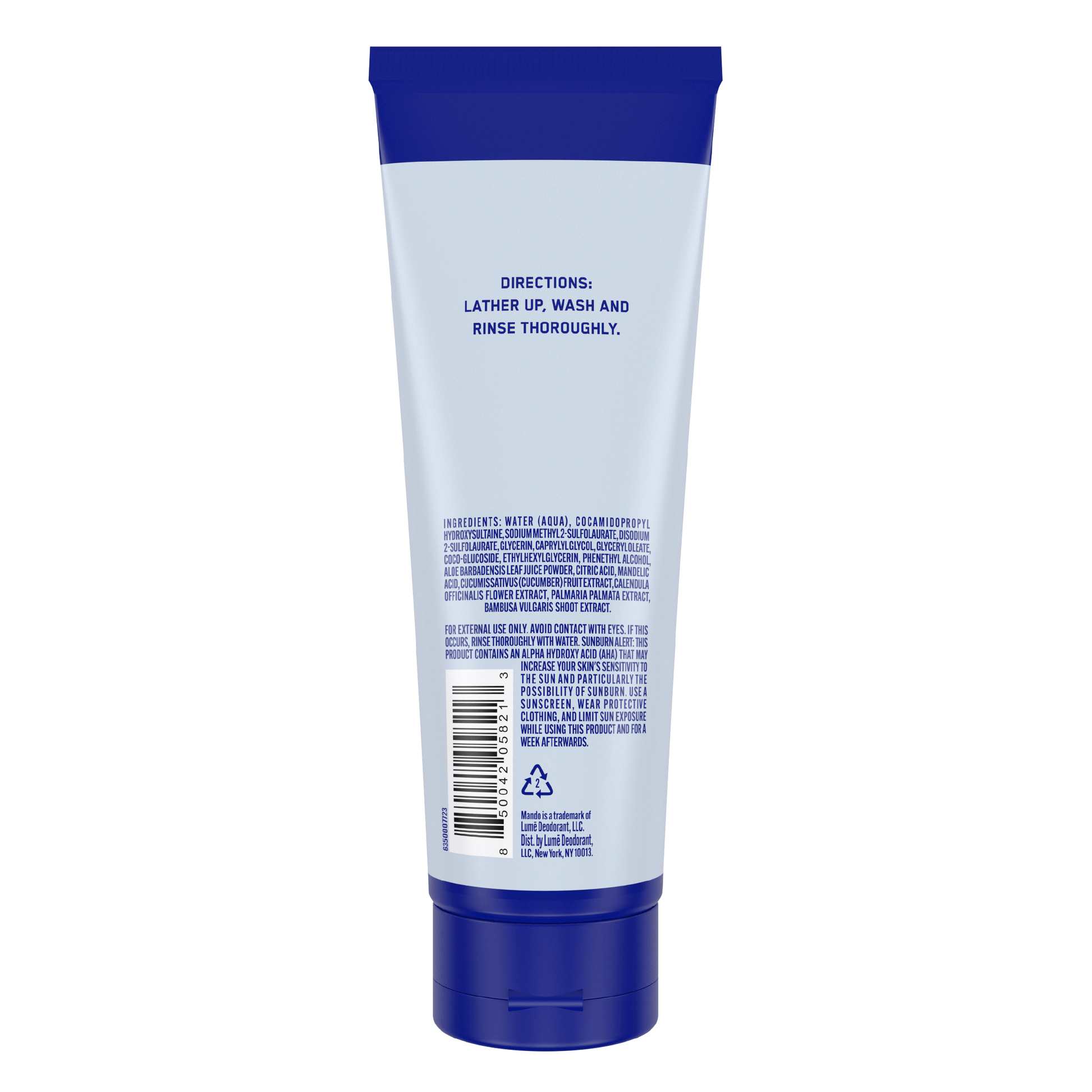 blue tube of Mando body wash in pro sport scent with directions text