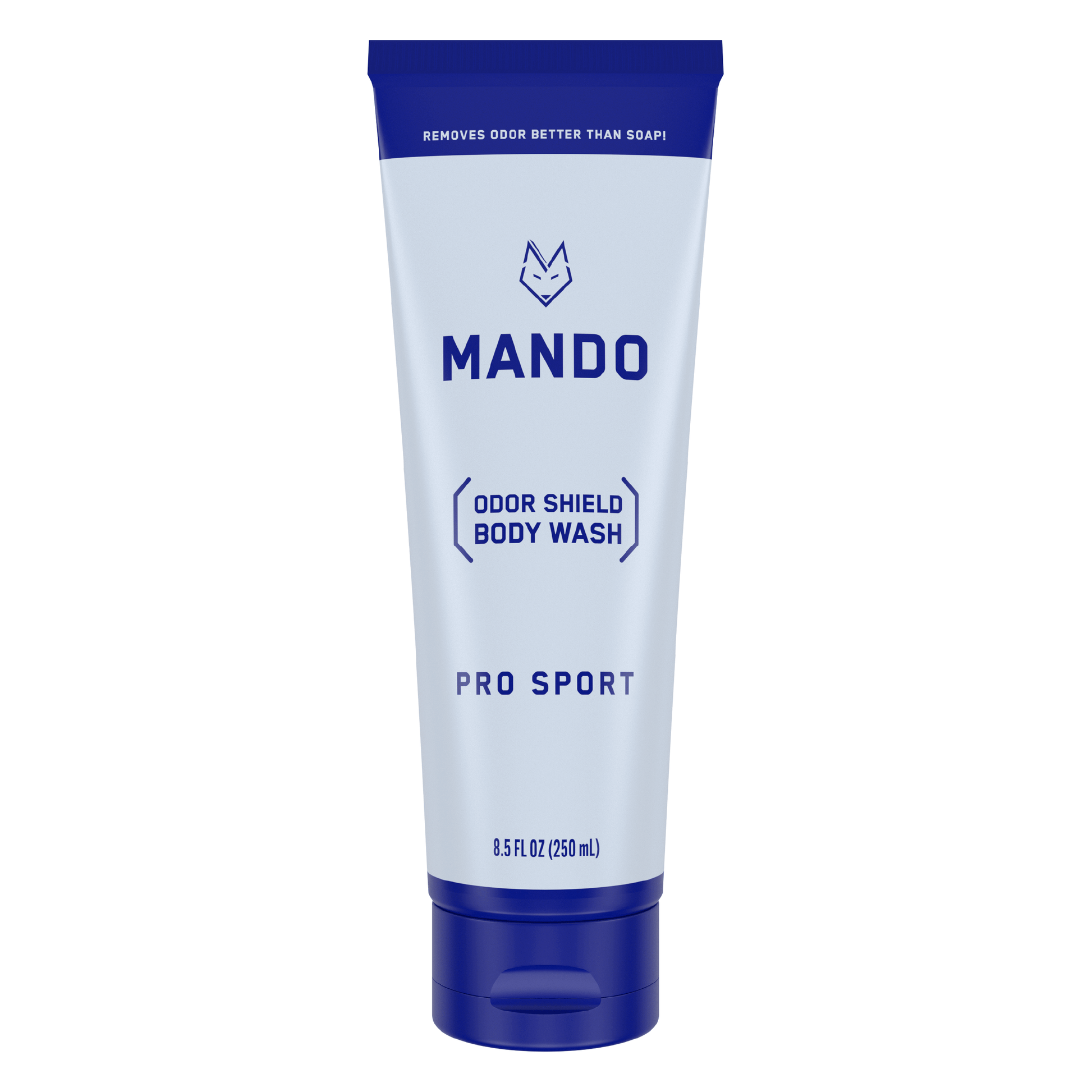 blue tube of Mando body wash in pro sport scent on white background 