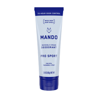 blue tube of Mando Invisible cream deodorant in pro sport scent on white background 