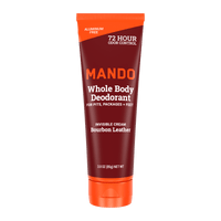 yellow orange tube of Mando Invisible cream deodorant in bourbon leather scent on white background 