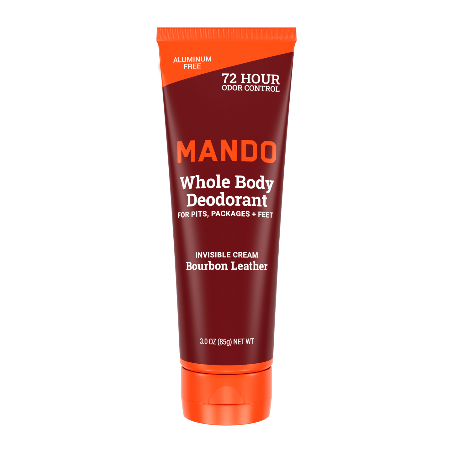 orange and maroon bourbon leather cream deodorant against a white background