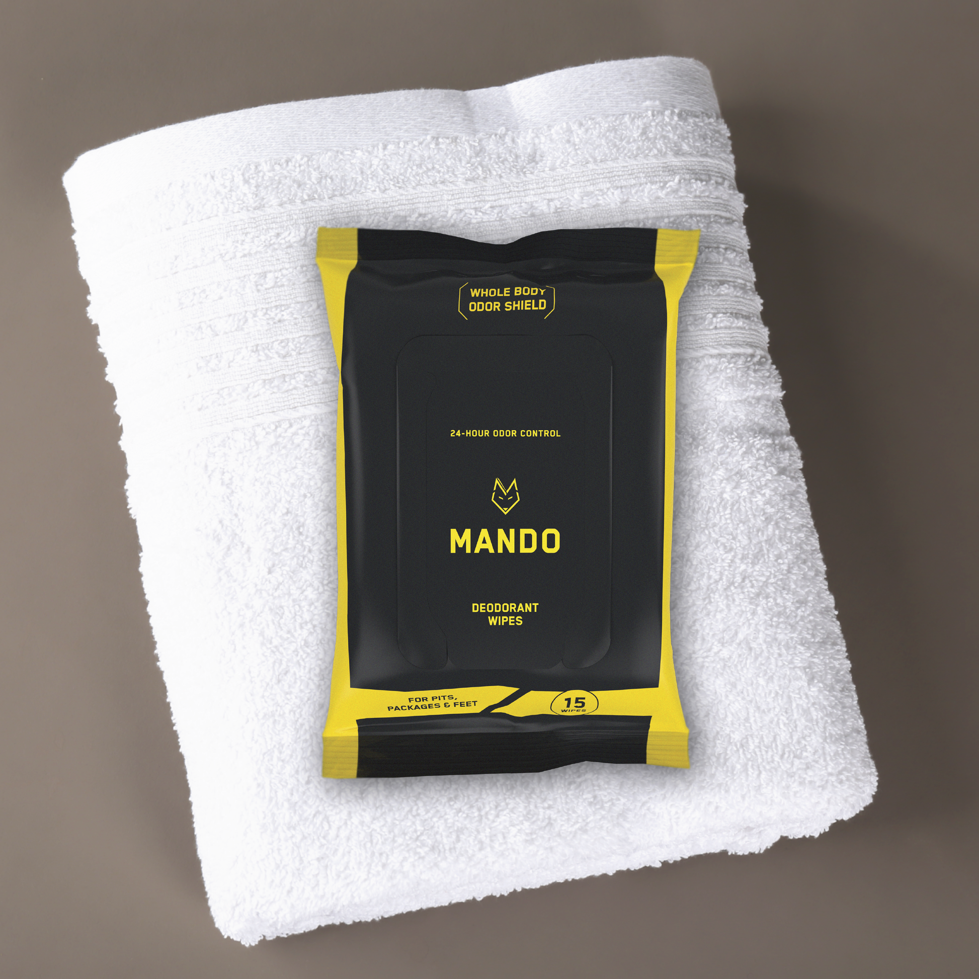 pack of Mando 15 countt deodorant wipes placed on a white towel