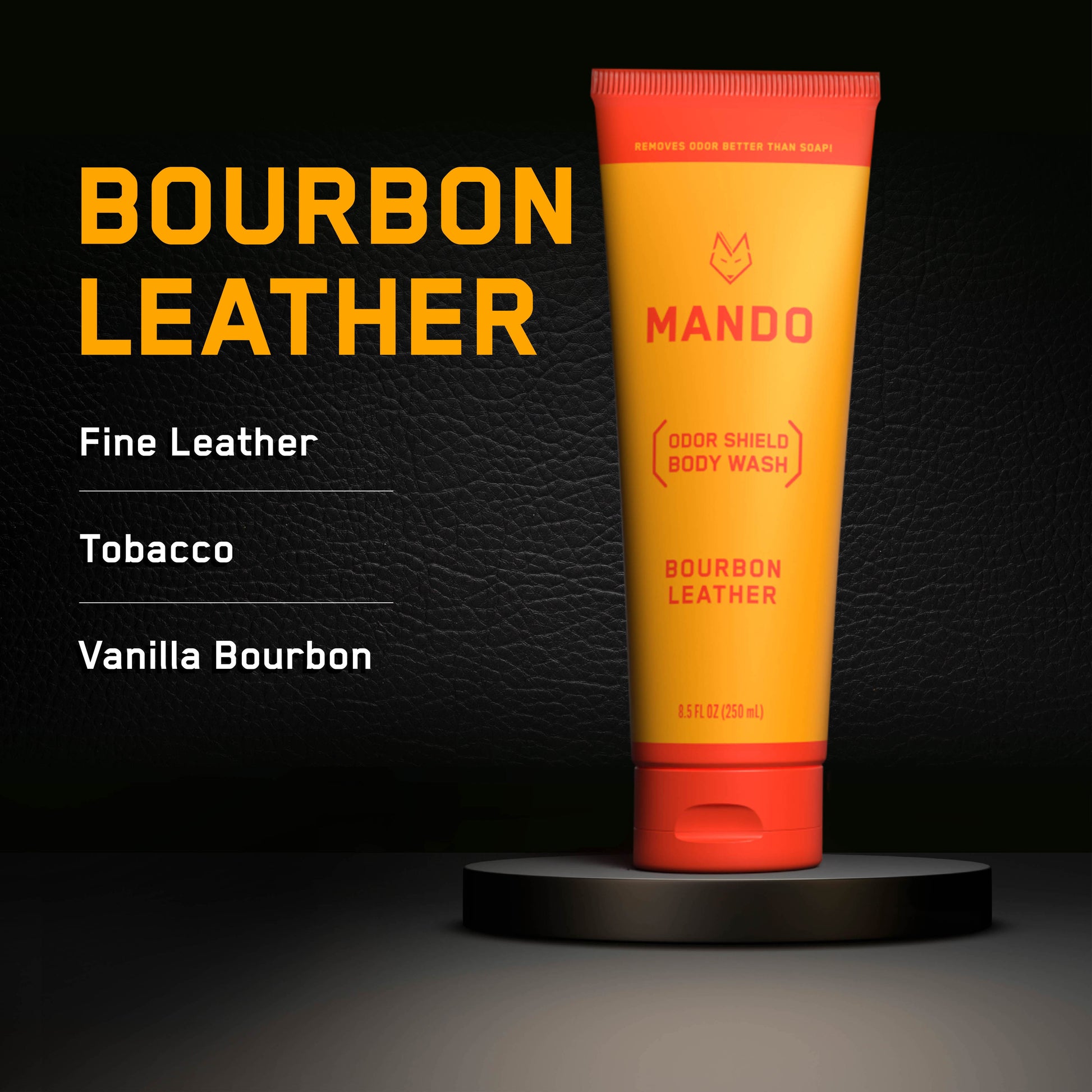 Mando body wash in bourbon leather with text: fine leather, tobacco, vanilla bourbon 