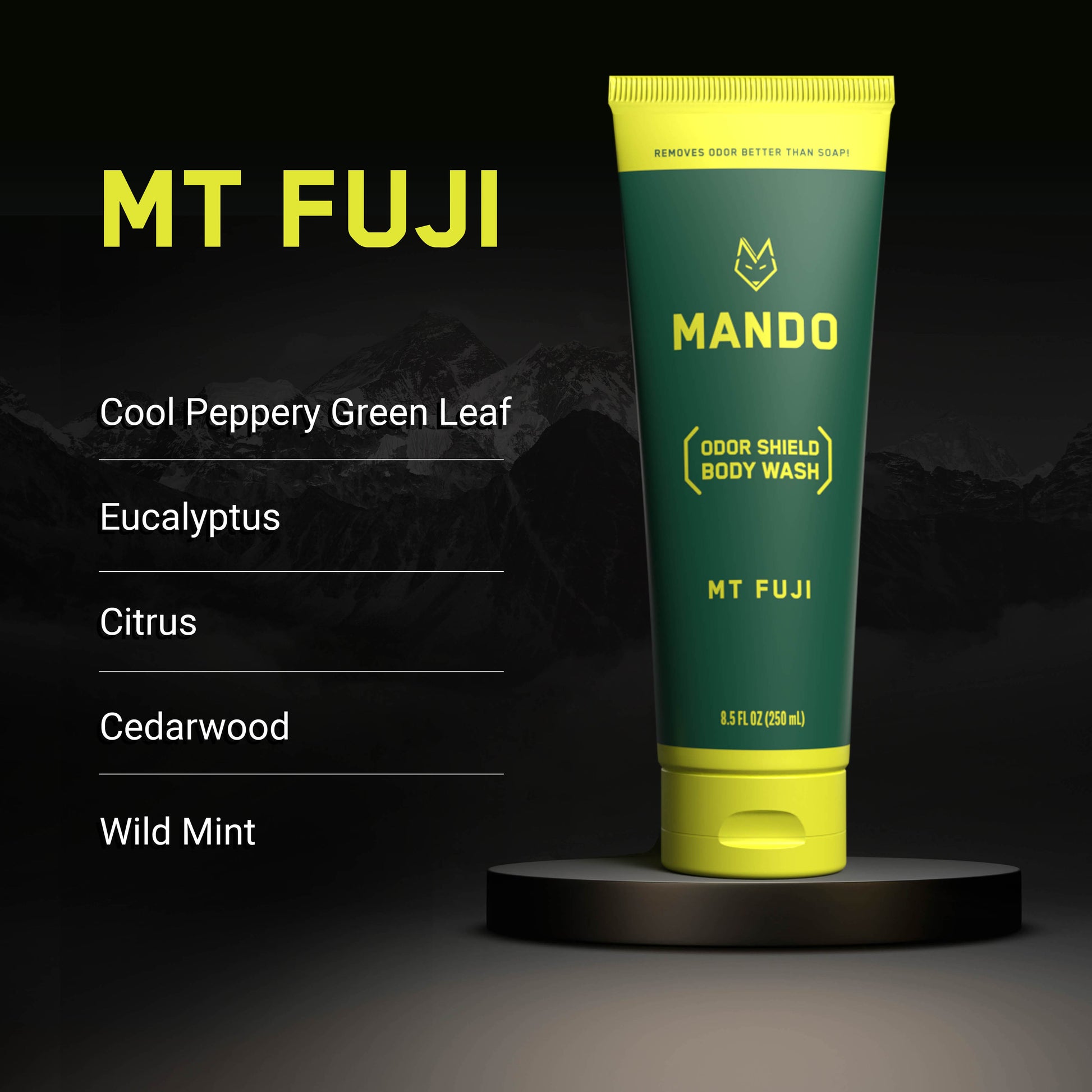 yellow green Bar of Mando body wash in Mt Fuji scent with text: cool peppery green leaf, eucalyptus, citrus, cedarwood, wild mint