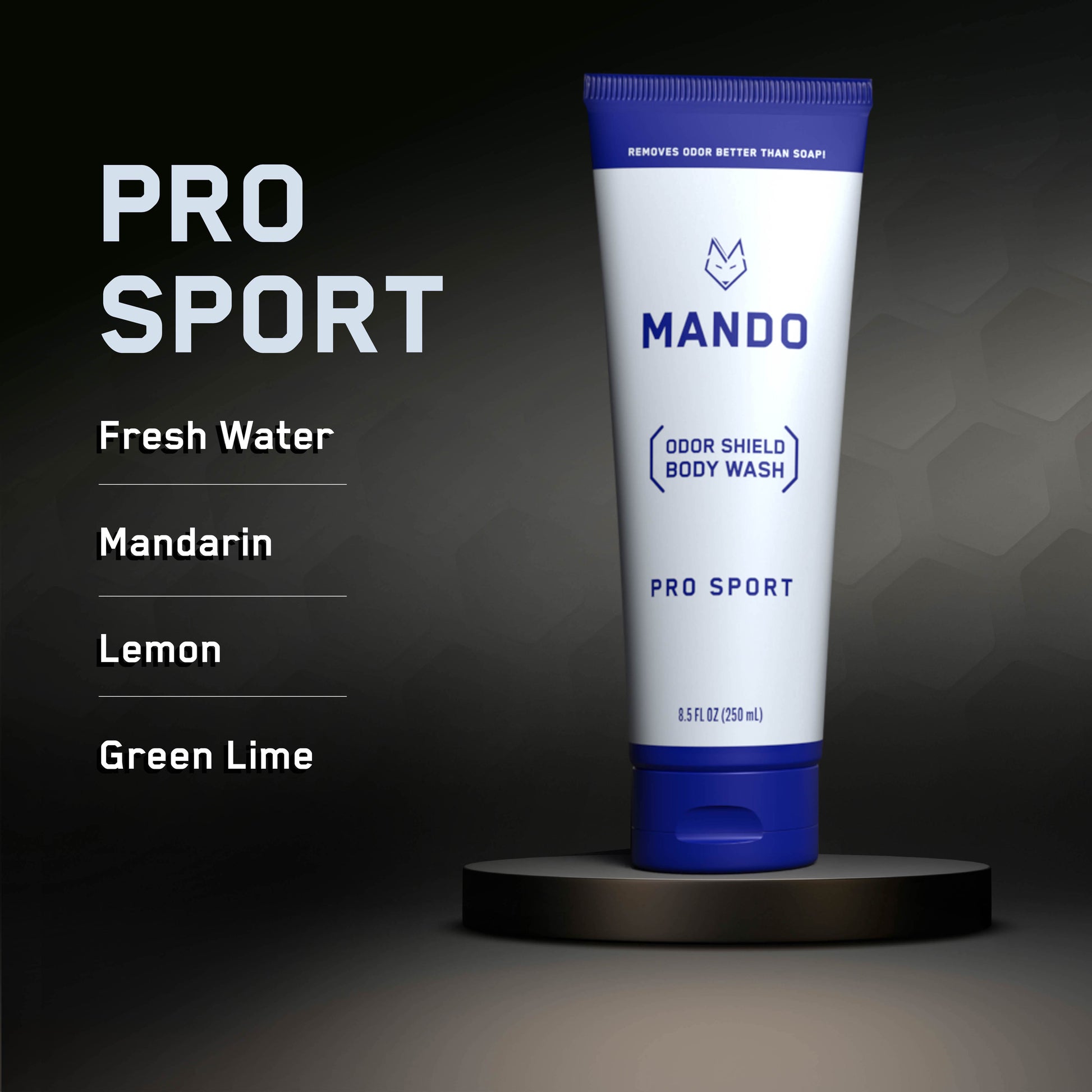 blue bar of Mando 4-in-1 acidified cleansing bar in Pro sport scent with text: fresh water, mandarin, lemon, green lime
