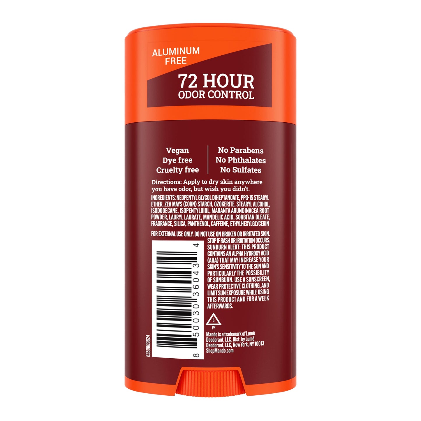 back image of bourbon leather smooth solid deodorant stick with ingredients list and text: aluminum free, 72 hour odor control