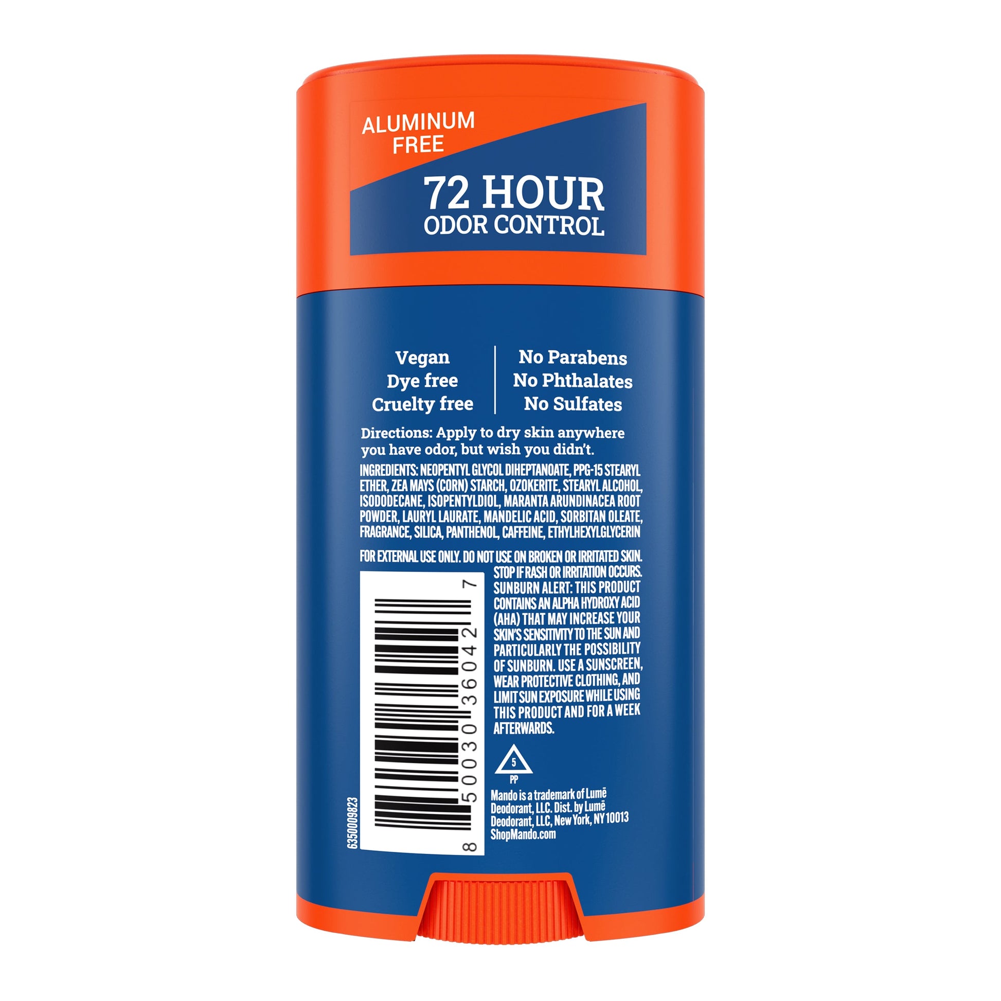 back image of pro sport smooth solid deodorant stick with ingredients list and text: aluminum free, 72 hour odor control