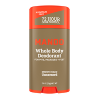 orange and beige stick of Mando unscented deodorant against white background