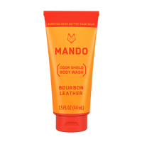 yellow orange tube of Mando mini body wash in bourbon leather scent