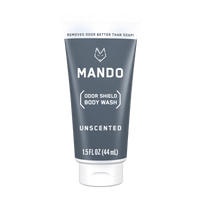 gray tube of Mando mini body wash in unscented